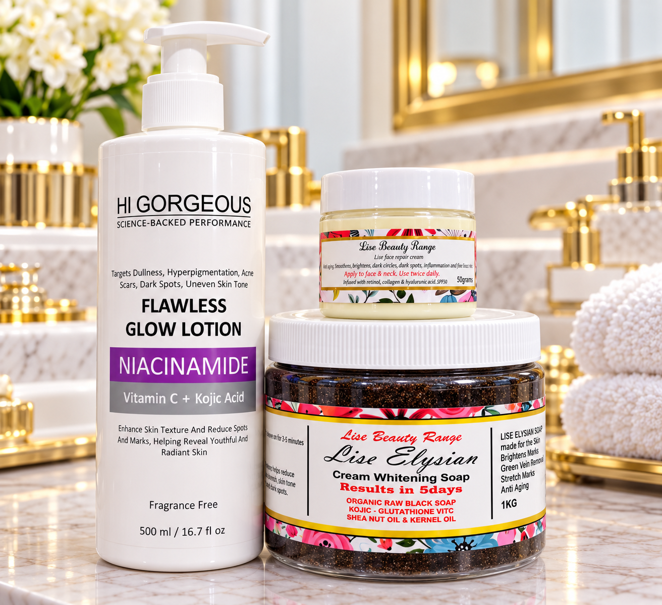Flawless Glow Niacinamide Lotion, Lise Elysian Cream Whitening Black Soap & Freya Face Cream 3pc set
