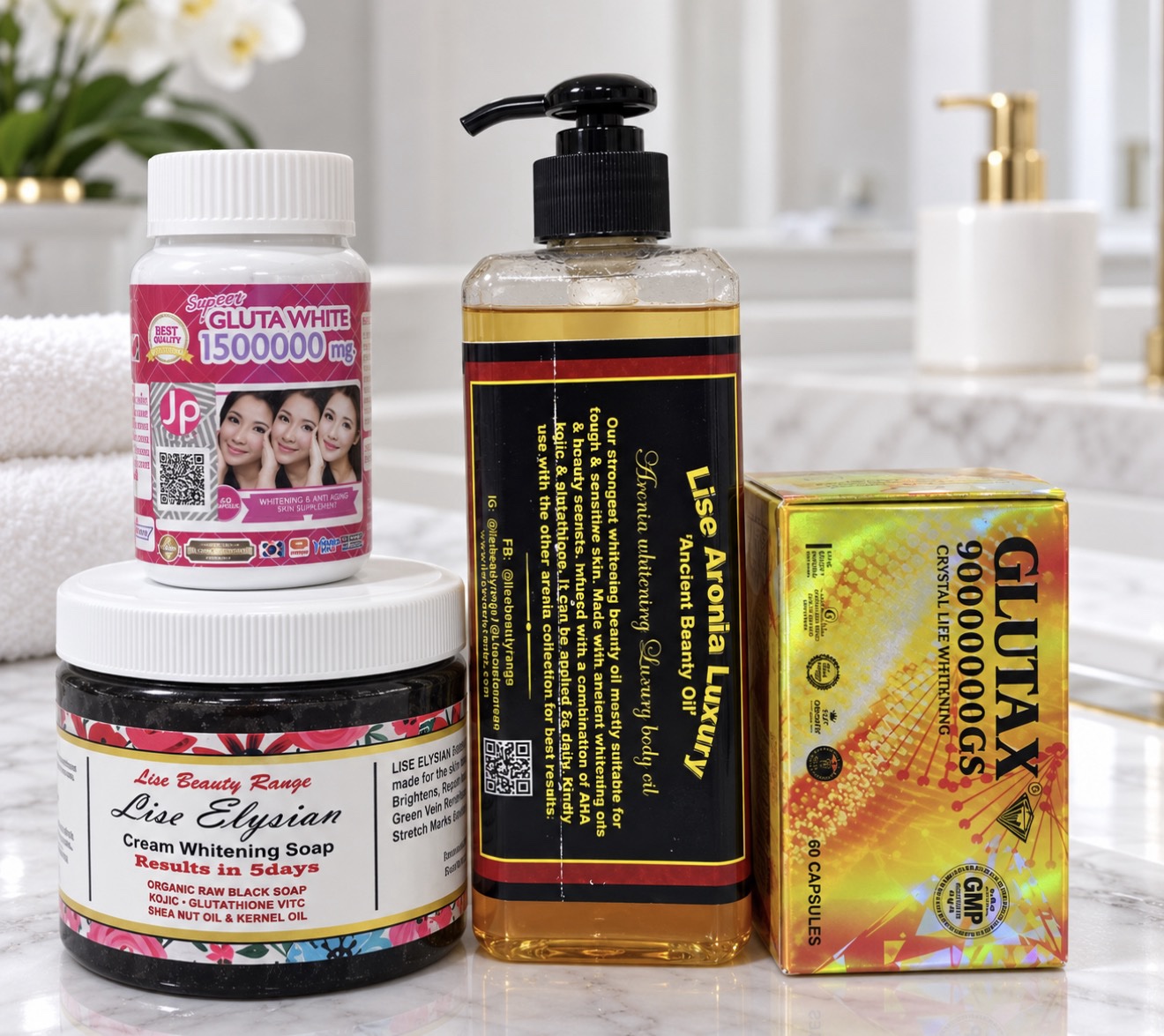 Lise Beauty Range Luxury Skin Whitening Collection & Aronia Body Oil, Elysian Cream Soap & Glutax Glutathione supplements